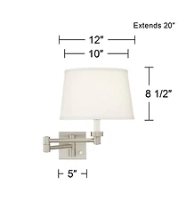 Possini Euro Design Modern Swing Arm Wall Lamp Brushed Nickel Plug-In Light Fixture White Linen Drum Shade for Bedroom Living Room