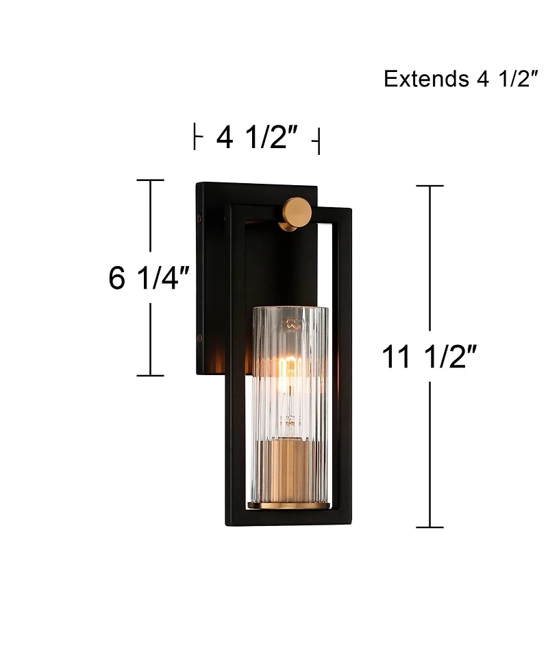 Stiffel Industrial Modern Wall Light Sconces Set of 2 Black Warm Brass Hardwired 4 1/2" Fixture Clear Ribbed Glass Shade for Bedroom Bathroom Van