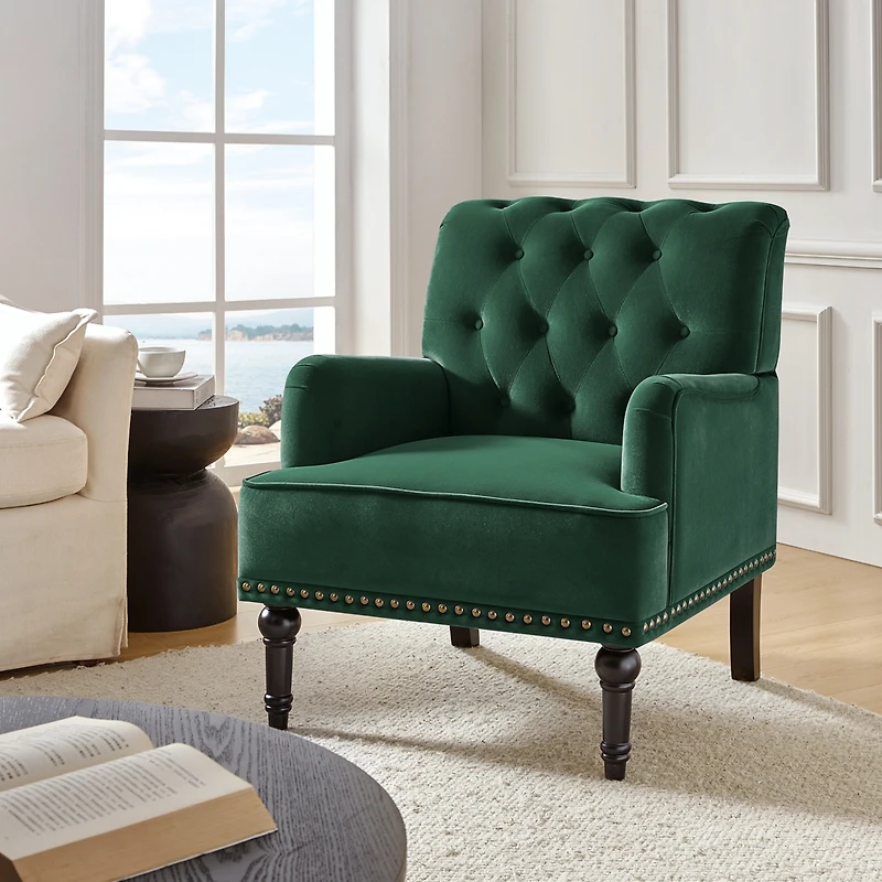 Velvet Tufted Upholstered Armchair with Nailhead Trim
