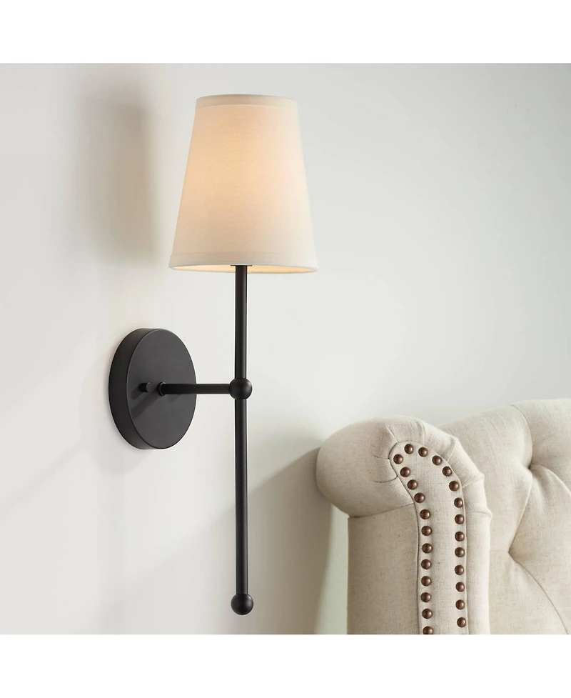Possini Euro Design Elena Modern Wall Light Sconce Matte Black Metal Hardwire 6" Fixture Cream Linen Shade for Bedroom Reading Living Room House