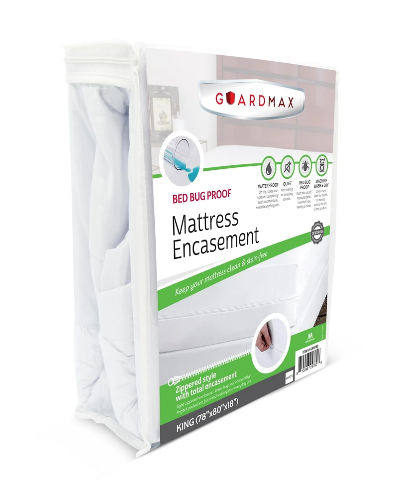 Guardmax King Waterproof Mattress Protector Encasement with Zipper, Pockets Stretch up to 18 inches - White