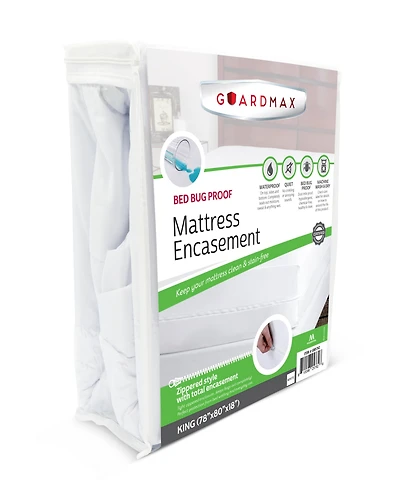 Guardmax King Waterproof Mattress Protector Encasement with Zipper, Pockets Stretch up to 18 inches - White