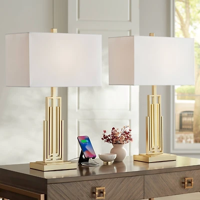360 Lighting Sonia Modern Table Lamps 29 1/2" Tall Set of 2 Gold Metal with Dual Usb Charging Ports White Rectangular Shade for Bedroom Living Ro