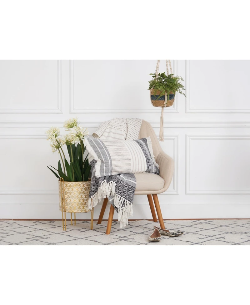 Berkley Onyx Woven Striped Blocked White Grey Black Accent Pillow, 14" x 22" w/ Tassels