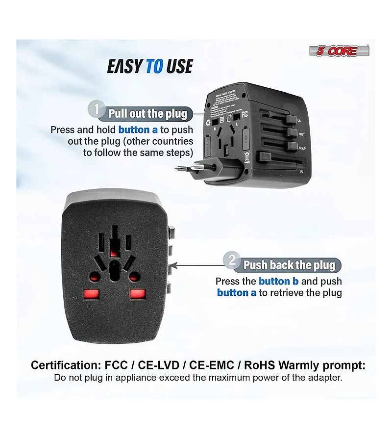 5 Core Travel Adapter 1 Piece Black International Power Adapter Plug Multi Outlet Port 4 Usb Travel Charger Universal Ac Plug Outlet Adapter- Uta B
