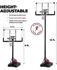 Portable Basketball Hoop 10 ft Adjustable - 44in Shatterproof Backboard - Basketball Goal System 8-10 ft Adjustable Basketball Hoop