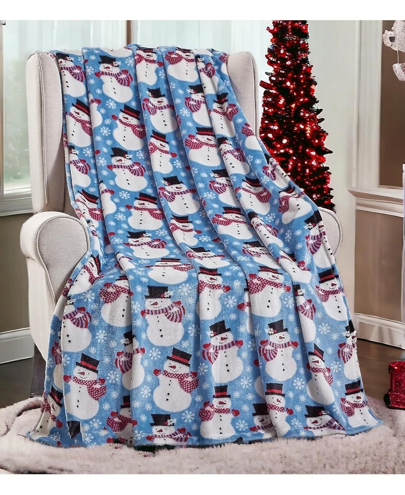 Kate Aurora Holiday Living Winter Blues Snowman Christmas Ultra Soft And Plush Hypoallergenic Throw Blanket