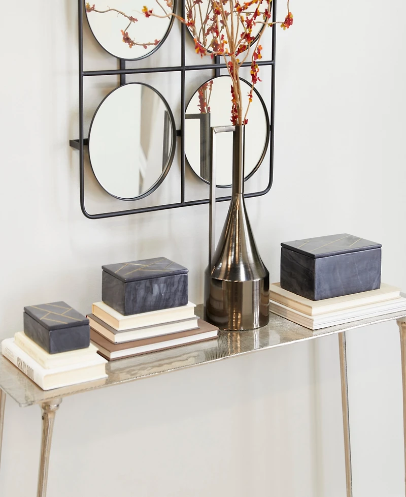 Rosemary Lane Real Marble Box with Gold-Tone Linear Lines Set of 3 - 9", 7", 6"W