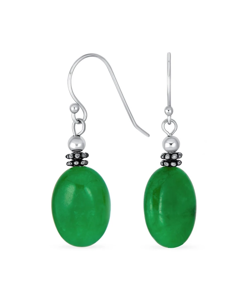 Bling Jewelry Bali Style Green Natural Jade Milgrain Oval Drop Earrings Sterling Silver Oxidized Wire Fish Hook