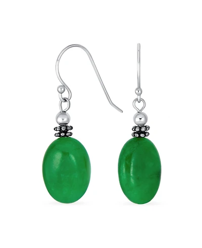 Bling Jewelry Bali Style Green Natural Jade Milgrain Oval Drop Earrings Sterling Silver Oxidized Wire Fish Hook
