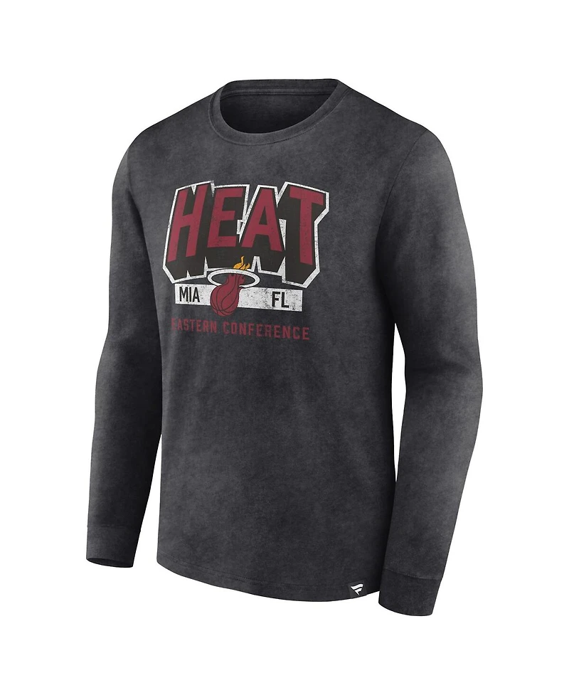 Men's Fanatics Heather Charcoal Distressed Miami Heat Front Court Press Snow Wash Long Sleeve T-shirt