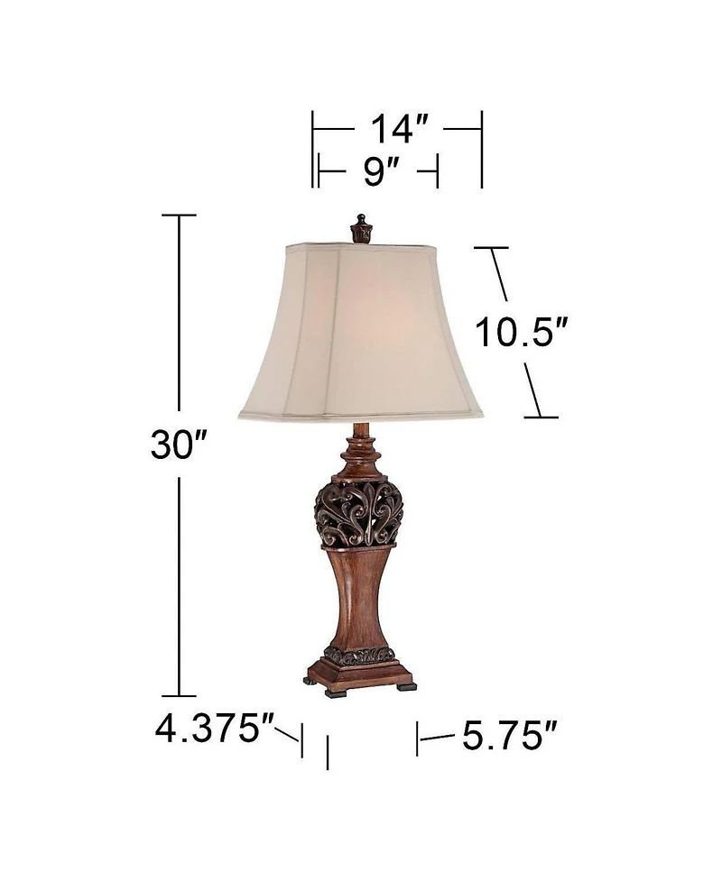 Regency Hill Exeter Traditional Table Lamps 30" Tall Set of 2 Bronze Wood Carved Leaf Cream Rectangular Bell Shade for Bedroom Living Room Bedsid