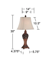 Regency Hill Exeter Traditional Table Lamps 30" Tall Set of 2 Bronze Wood Carved Leaf Cream Rectangular Bell Shade for Bedroom Living Room Bedsid