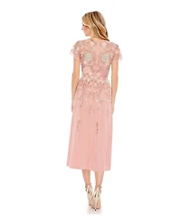 Women's Embellished Illusion High Neck Butterfly Sleeve Midi Dress