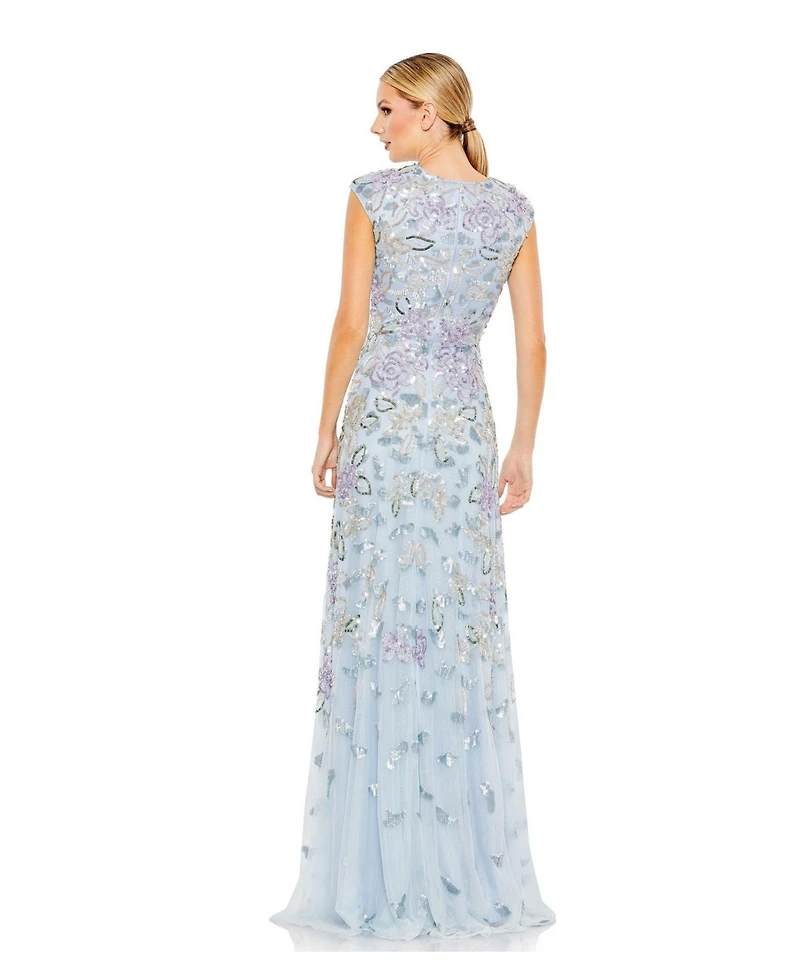 Mac Duggal Women's Sequined High Neck Cap Sleeve A Line Gown