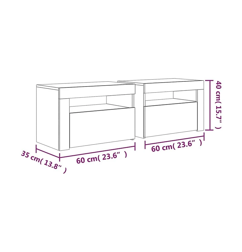 Bedside Cabinets 2 pcs with LEDs Black 23.6"x13.8"x15.7"