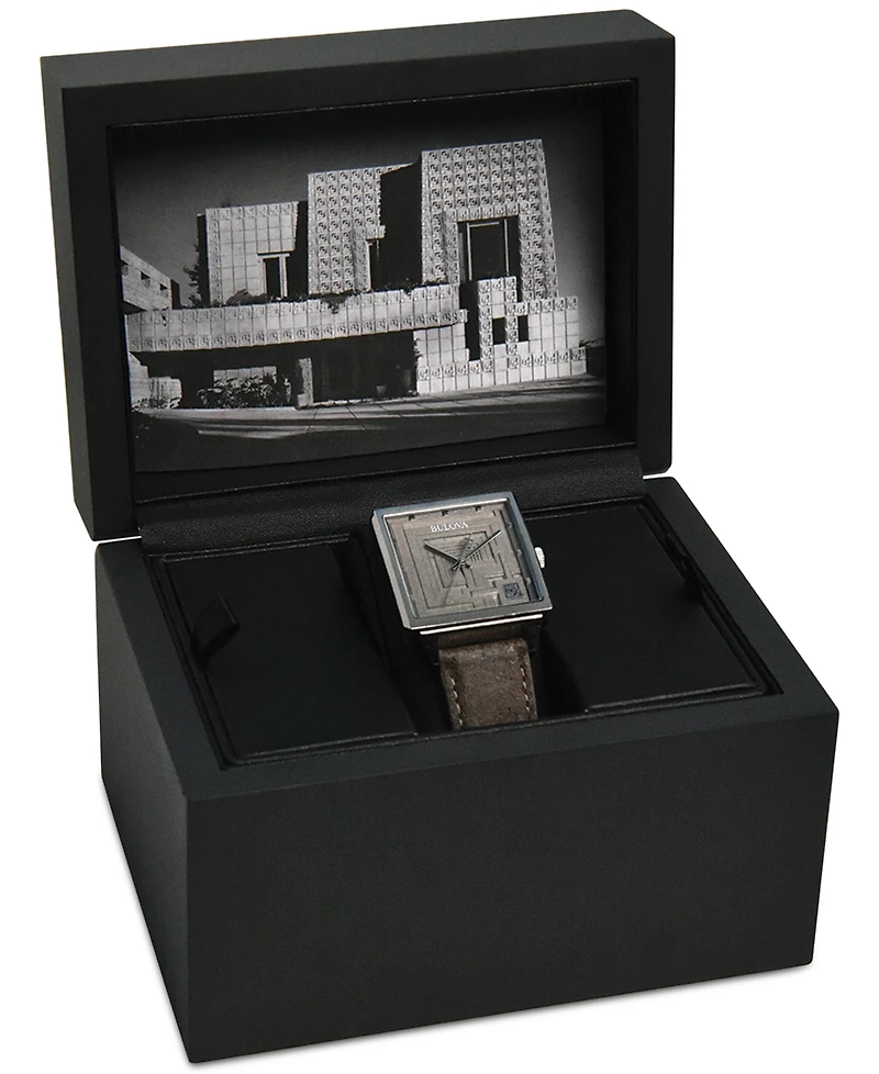Bulova Men's Ennis House Frank Lloyd Wright Taupe Leather Strap Watch 34mm