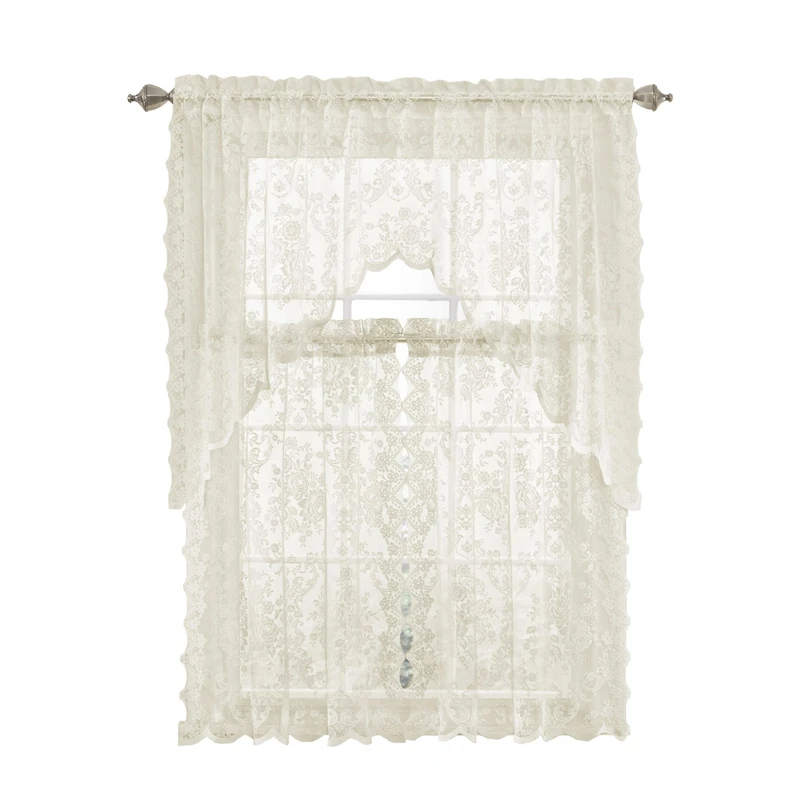 Kate Aurora Shabby Living Lena Floral Lace Complete Kitchen Curtain Tier & Swag Set