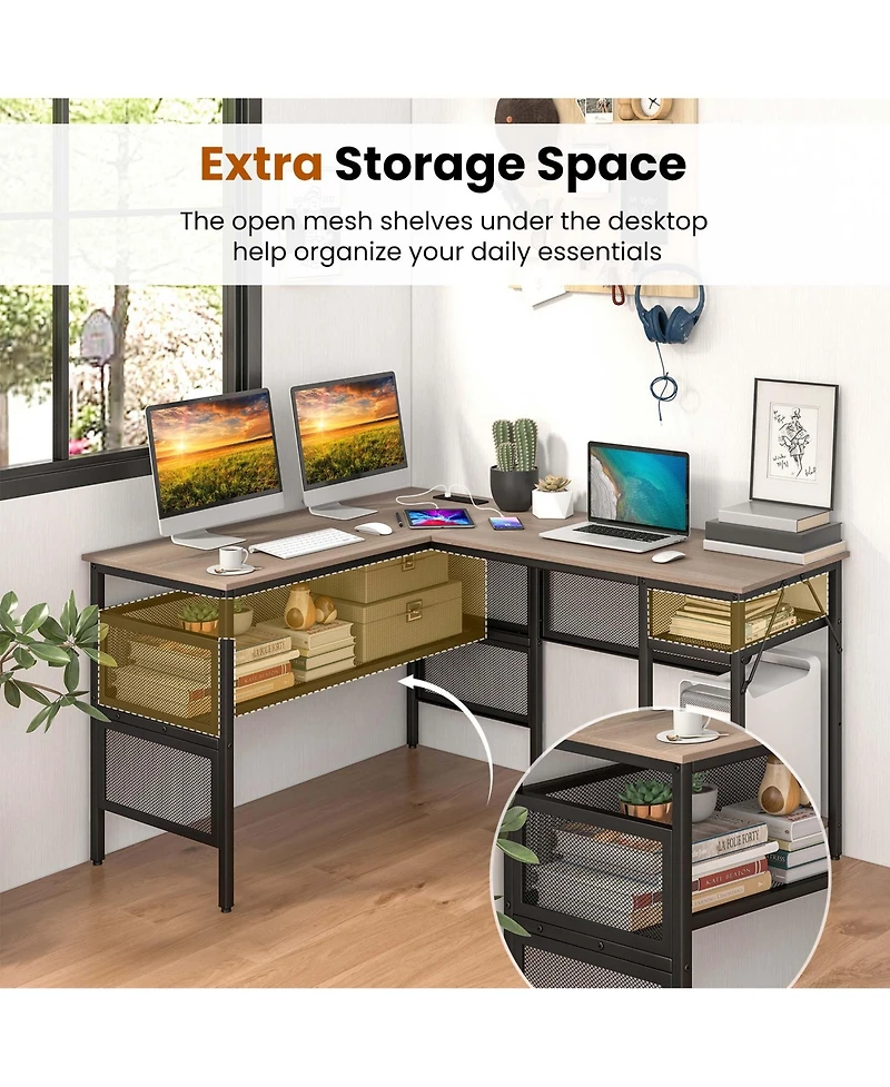 Reversible L-Shaped Computer Desk with Charging Station Adjustable Shelf Cpu Stand