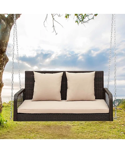 Patio Wicker Porch Swing 2-Person Hanging Loveseat Bench Chair with Cushions