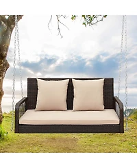 Patio Wicker Porch Swing 2-Person Hanging Loveseat Bench Chair with Cushions