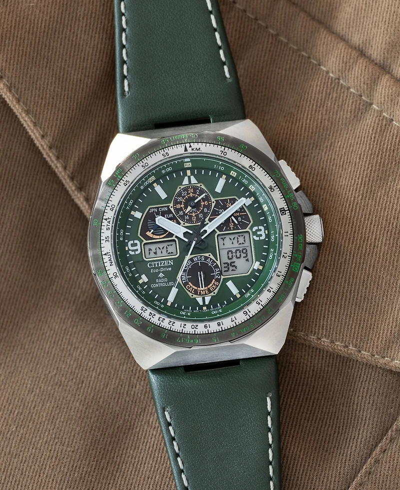 Citizen Eco-Drive Men's Chronograph Promaster Skyhawk Green Leather Strap Watch 46mm