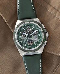 Citizen Eco-Drive Men's Chronograph Promaster Skyhawk Green Leather Strap Watch 46mm
