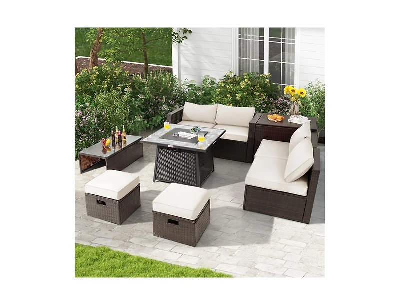 Slickblue 9 Pieces Patio Pe Wicker Sectional Set with 50000 Btu Fire Pit Table