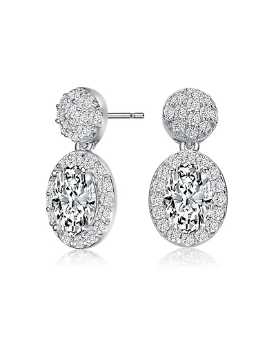 Sterling Silver with White Gold Plated Clear Oval and Round Cubic Zirconia Halo with Cluster Post Drop Earrings