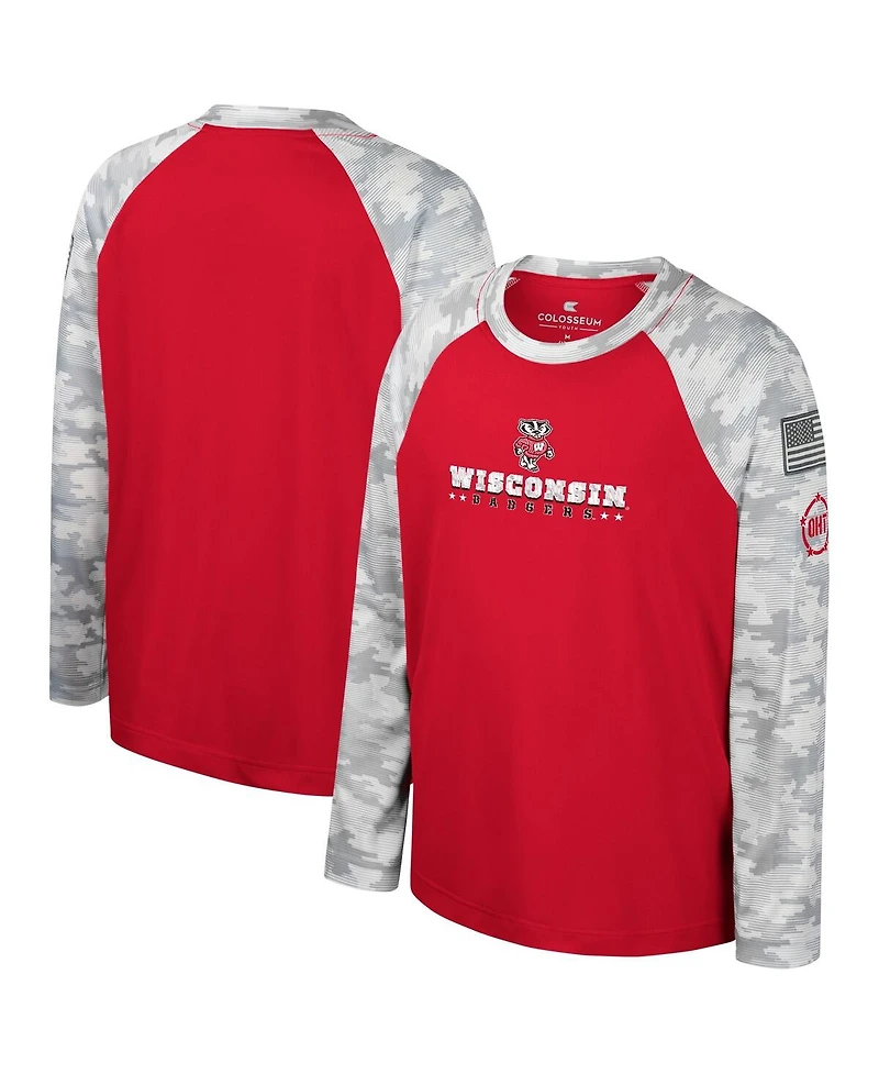 Big Boys Colosseum Red, Camo Wisconsin Badgers Oht Military-Inspired Appreciation Dark Star Raglan Long Sleeve T-shirt