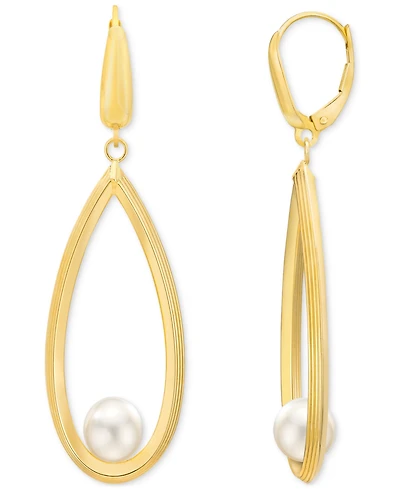 Cultured Freshwater Pearl (7-8mm) Open Teardrop Drop Leverback Earrings in 14k Gold