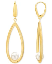 Cultured Freshwater Pearl (7-8mm) Open Teardrop Drop Leverback Earrings in 14k Gold