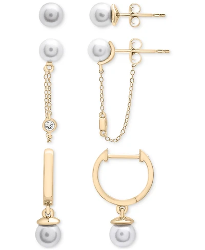 3-Pc. Set Cultured Freshwater Pearl (5mm) & White Topaz (x ct. t.w.) Stud, Chain, & Hoop Earrings in 14k Gold-Plated Sterling Silver
