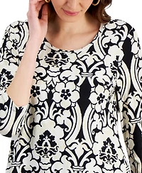Jm Collection Women's Printed Scoop-Neck 3/4-Sleeve Top, Created for Macy's