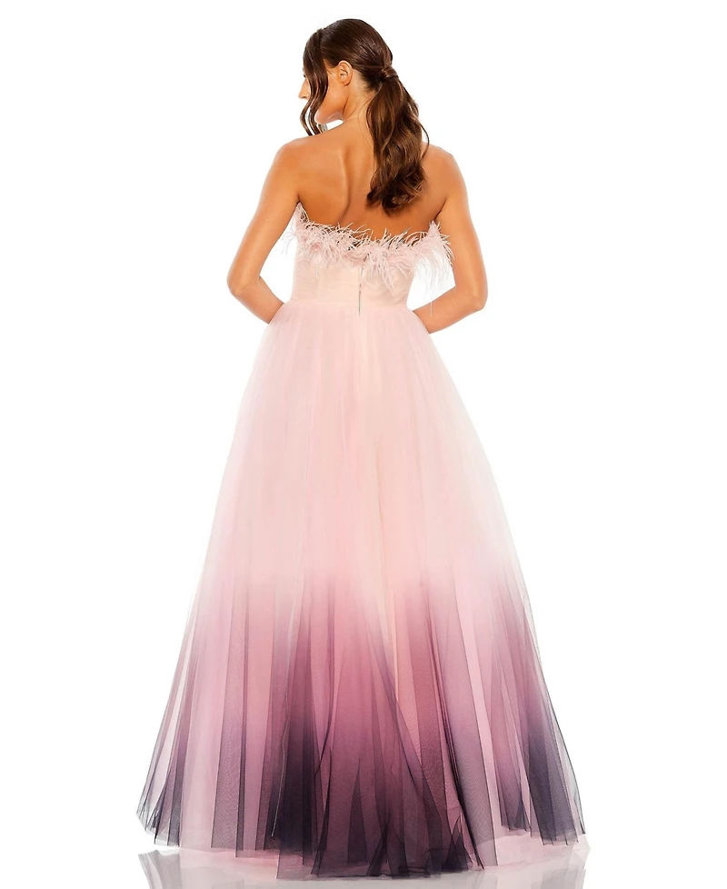 Women's Strapless Feather Hem Tulle Gown