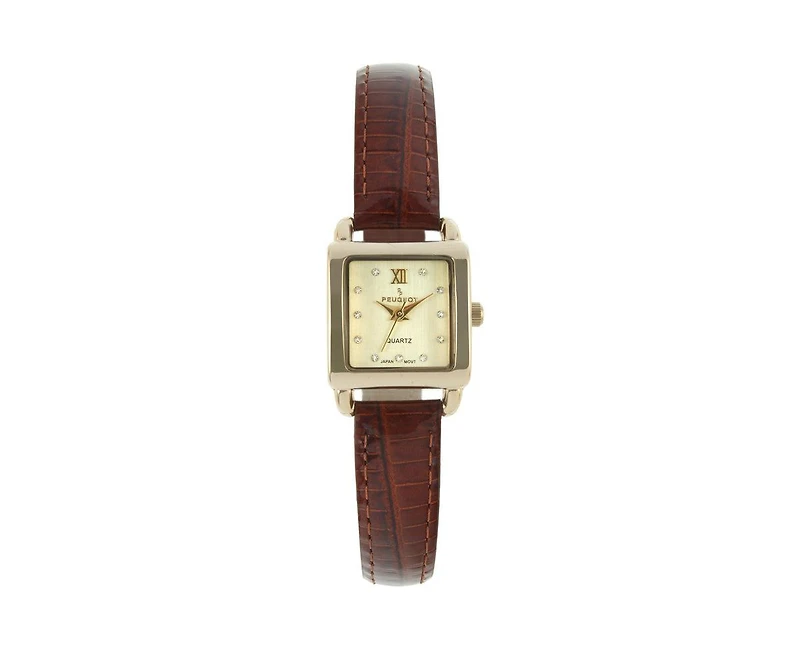 Peugeot Women's 20mm Square Watch with Glossy Brown Leather Strap