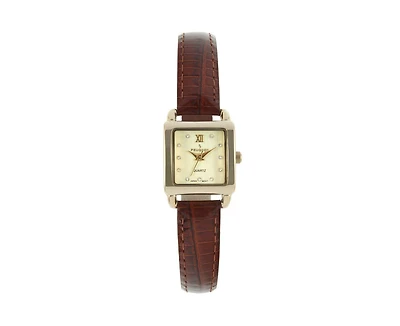 Peugeot Women's 20mm Square Watch with Glossy Brown Leather Strap