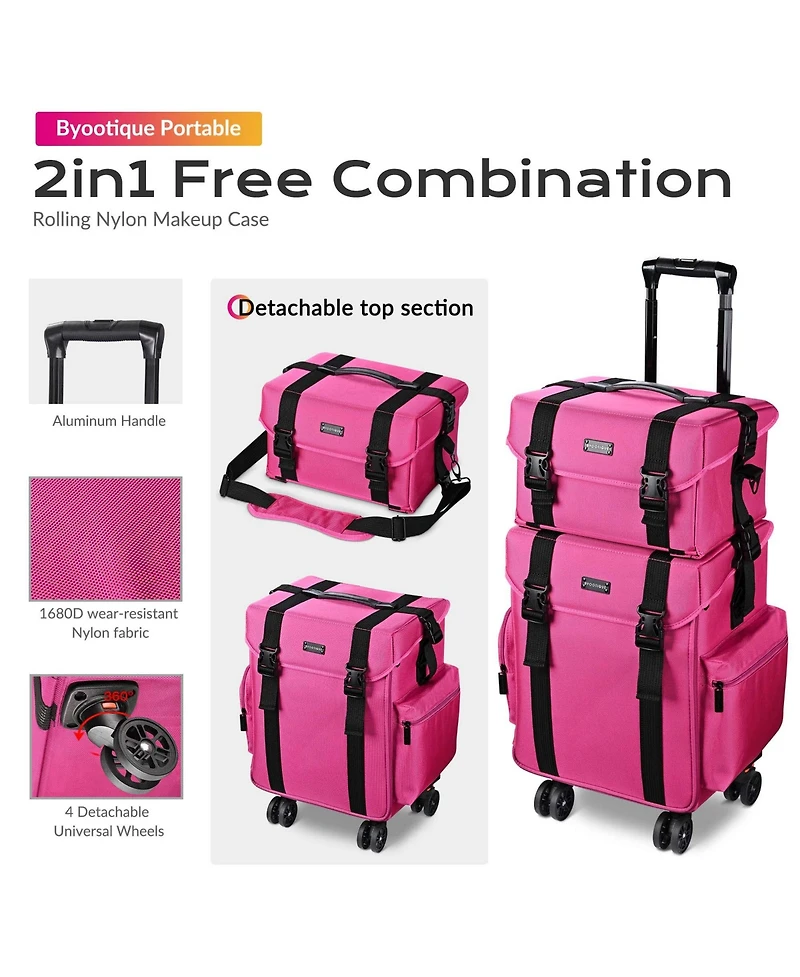 Byootique Deep Pink 2in1 Rolling Makeup Case Soft Sided Cosmetic Organizer 1680D