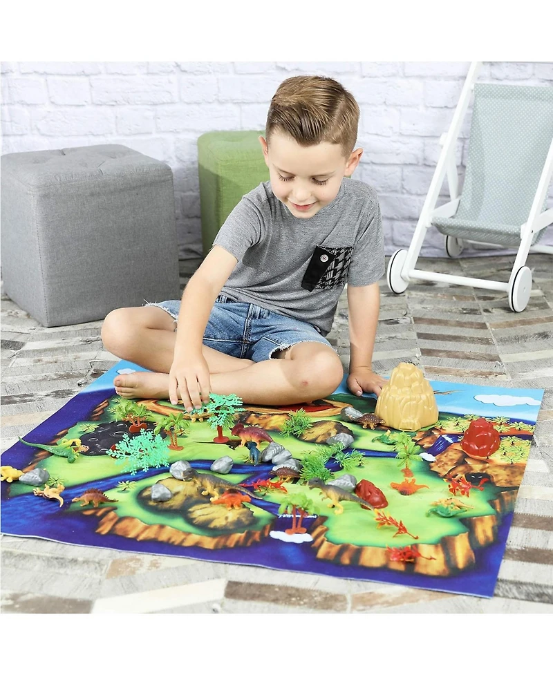 ToyVelt Dinosaur Play Set Dinosaur Toys Includes Dinosaur Figures, Trees, Rocks, PlayMat, And A Beautiful Container Create a Dino World Great Gift for
