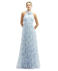 Floral Tie-Back Halter Tulle Dress with Long Full Skirt & Rosette Detail