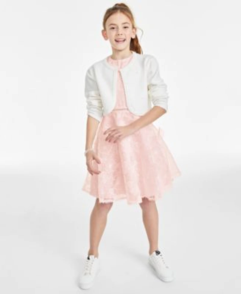 Rare Editions Toddler Little Big Girls Floral Organza Social Dress Big Girls Imitation Pearl Embellished Cardigan Created For Macys