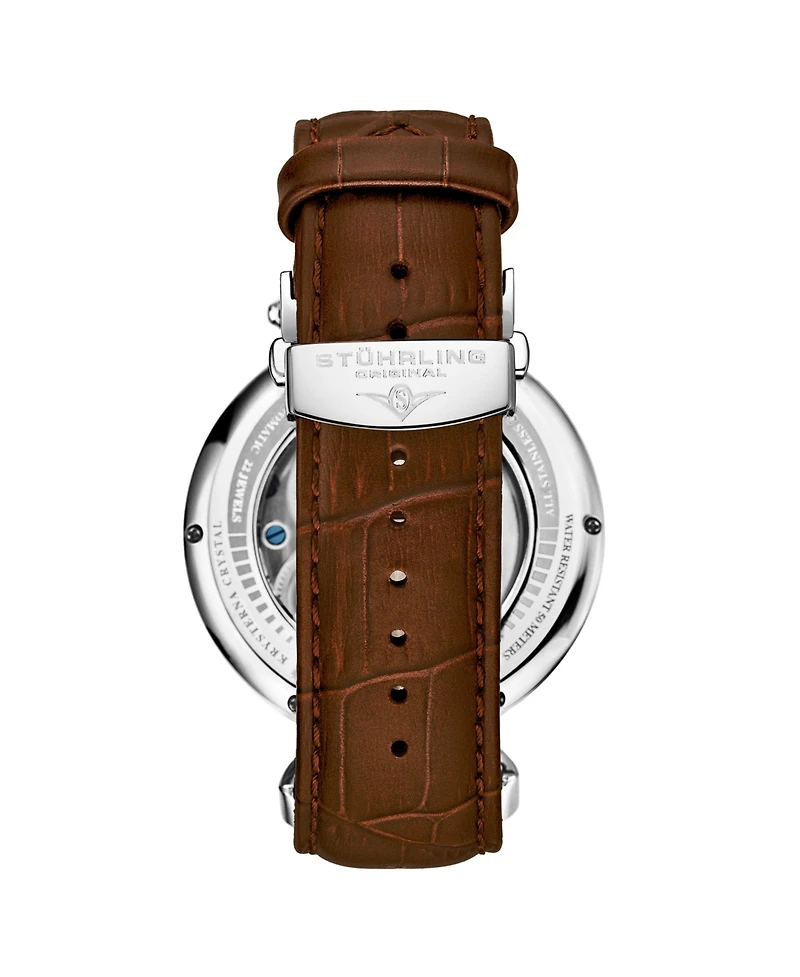 Men's Automatic Dual Time Alloy Case Skeleton Dial Alligator Embossed Genuine Leather Strap Watch