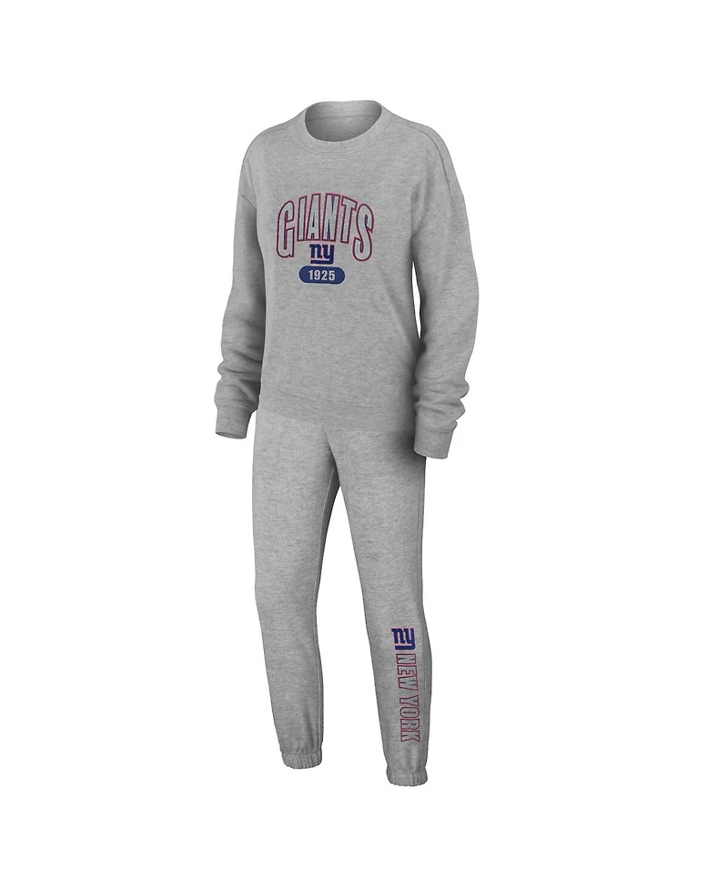 Women's Wear by Erin Andrews Heather Gray New York Giants Knit Long Sleeve Tri-Blend T-shirt and Pants Sleep Set