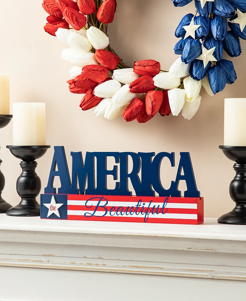 Glitzhome 14" L Patriotic, Americana Wooden America Table Decor