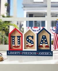Glitzhome 13" L Patriotic, Americana Wooden House-Shaped Table Decor