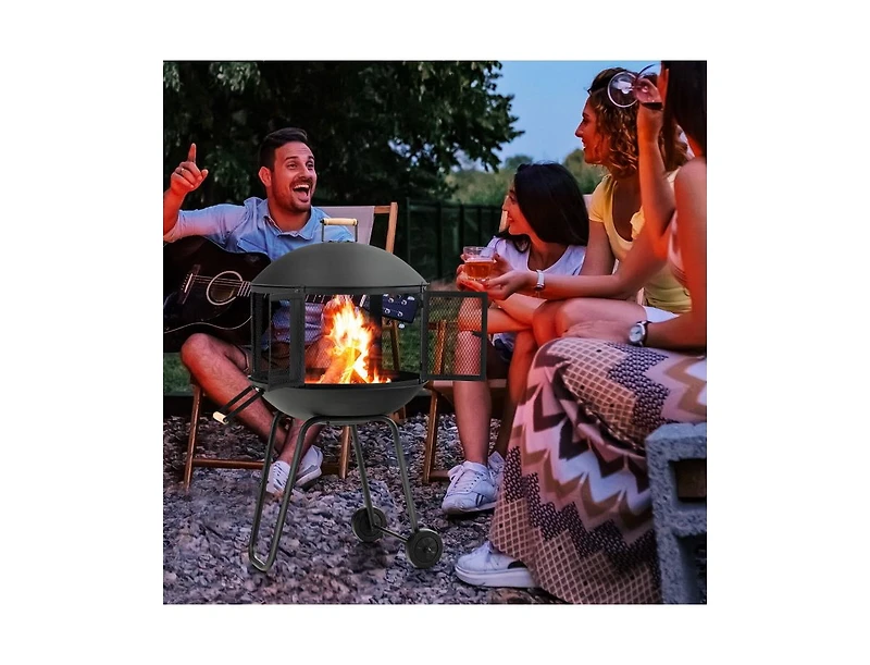 28 Inch Portable Fire Pit on Wheels with Log Grate-Black