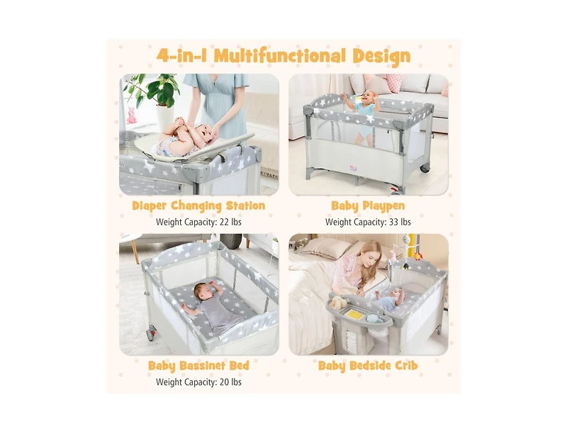 5-in-1 Portable Baby Beside Sleeper Bassinet Crib Playard with Diaper Changer