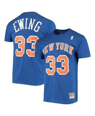 Men's Mitchell & Ness Patrick Ewing Blue New York Knicks Hardwood Classics Stitch Name and Number T-shirt