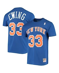 Men's Mitchell & Ness Patrick Ewing Blue New York Knicks Hardwood Classics Stitch Name and Number T-shirt