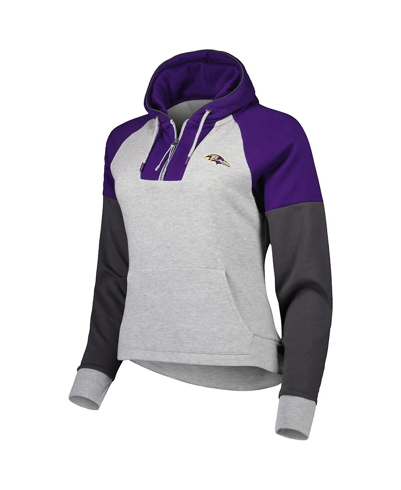 Women's Antigua Heather Gray Baltimore Ravens Lightweight Jackpot Raglan Half-Zip Pullover Hoodie